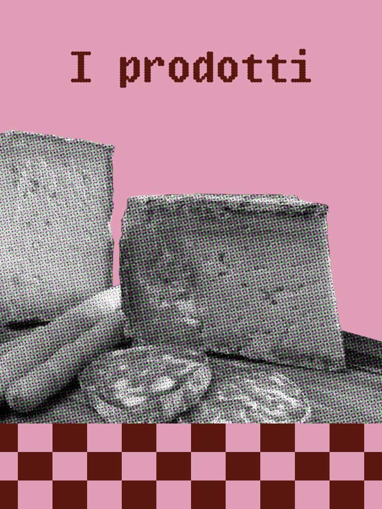 Sfondo rosa con testo "I prodotti" in alto. Sotto, immagini in mezzatinta di forme di formaggio o pane e fette. Bordo inferiore a scacchiera rosa e marrone. Sfondo rosa con testo "I prodotti" in alto. Sotto, immagini in mezzatinta di forme di formaggio o pane e fette. Bordo inferiore a scacchiera rosa e marrone.