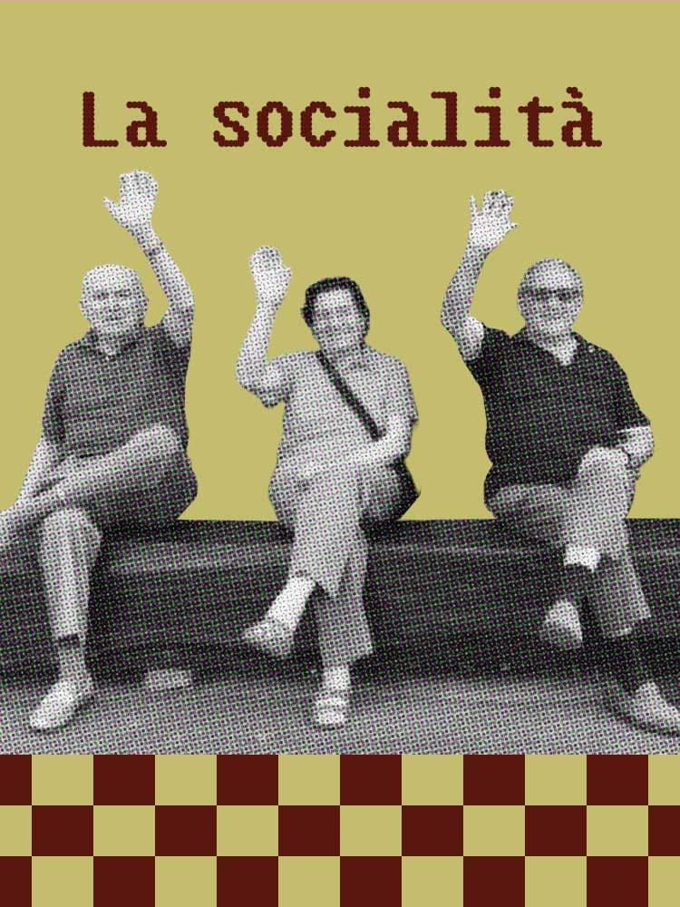 Tre persone (due uomini, una donna) sedute su una panca, con le mani alzate, in stile retinato. Sfondo verde chiaro con testo "La socialità" e scacchiera marrone e verde in basso. Tre persone (due uomini, una donna) sedute su una panca, con le mani alzate, in stile retinato. Sfondo verde chiaro con testo "La socialità" e scacchiera marrone e verde in basso.