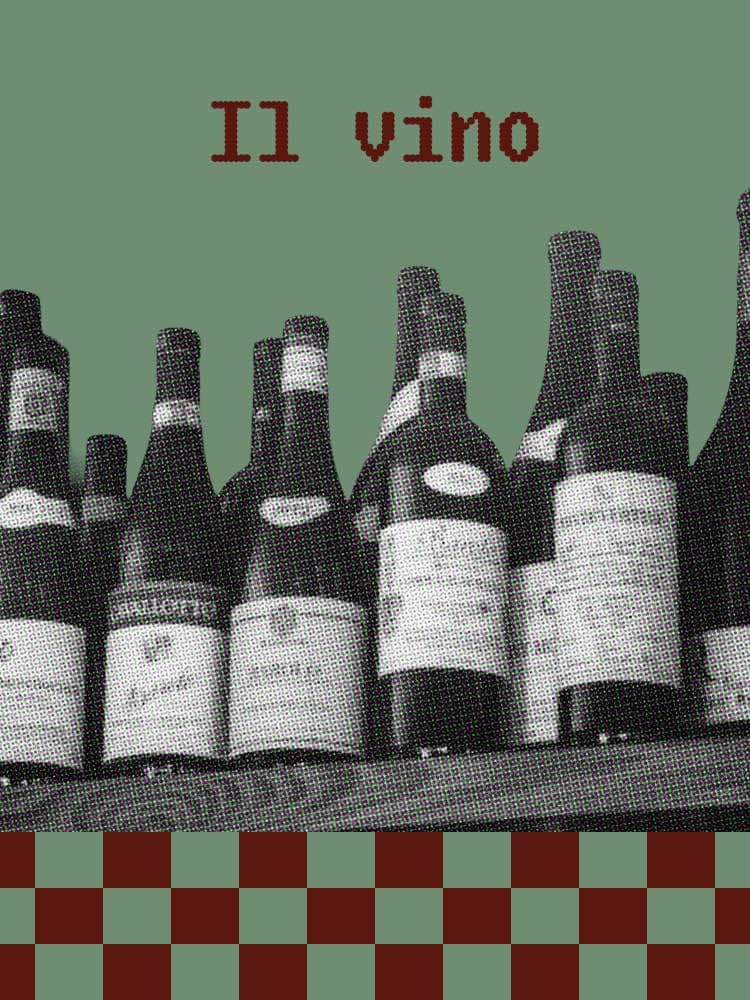 Bottiglie di vino in bianco e nero con effetto mezzatinta su uno scaffale, con testo "IL vino" in rosso pixelato su sfondo verde e motivo a scacchiera. Bottiglie di vino in bianco e nero con effetto mezzatinta su uno scaffale, con testo "IL vino" in rosso pixelato su sfondo verde e motivo a scacchiera.